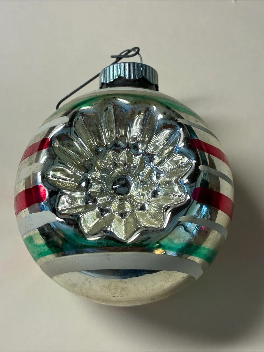 Vintage shiny  brite Silver Glass Holiday Ornament with Red and Green Accents